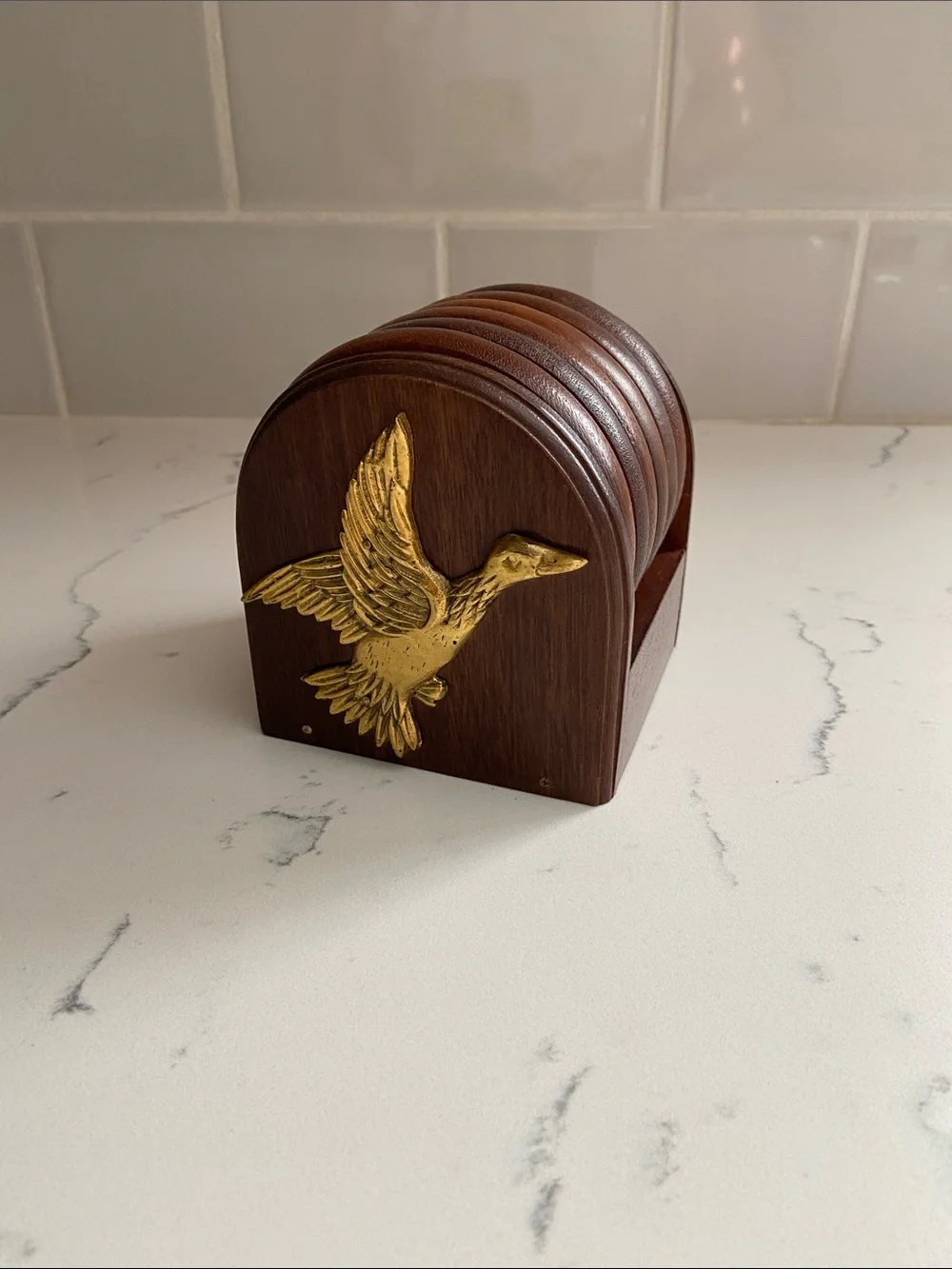 Vintage Wood Coaster Set Flying Duck Holder Cork Set of 6